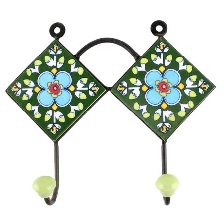 Forest Green Ceramic Floral Tile Hook